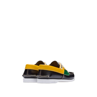 Prada 2EG270-X2O Men's Shoes Black, Green & Yellow Calf-Skin Leather Boat Moccasin Loafers (PRM1009)-AmbrogioShoes