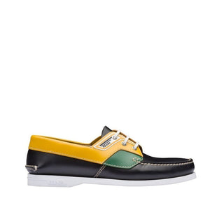 Prada 2EG270-X2O Men's Shoes Black, Green & Yellow Calf-Skin Leather Boat Moccasin Loafers (PRM1009)-AmbrogioShoes