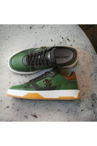 Roberto Cavalli 22537-B Militare Green Fabric / Calf-Skin Leather Casual Sneakers (RC1002)-AmbrogioShoes