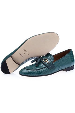 SUPERGLAMOUROUS Bruno Men's Formal Shoes Green Crocodile Embossed Leather Slipper Loafers (SPGM1313)