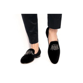 SUPERGLAMOUROUS Gilles Black Velour Velvet Slipper Loafers (SPGM1034)-AmbrogioShoes