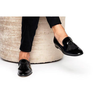 SUPERGLAMOUROUS Louis Black Silk Patent Leather Tassel Slipper Formal Loafers (SPGM1134)-AmbrogioShoes