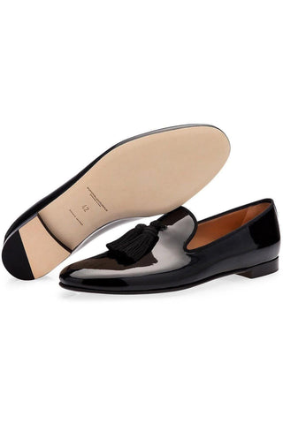 SUPERGLAMOUROUS Louis Black Silk Patent Tassel Slipper Formal Loafers (SPGM1134)-Dellamoda