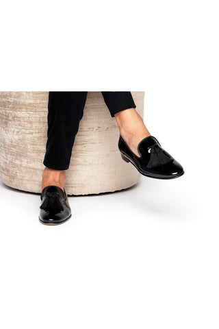 SUPERGLAMOUROUS Louis Black Silk Patent Tassel Slipper Formal Loafers (SPGM1134)-Dellamoda