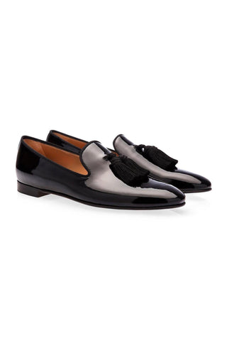 SUPERGLAMOUROUS Louis Black Silk Patent Tassel Slipper Formal Loafers (SPGM1134)-Dellamoda