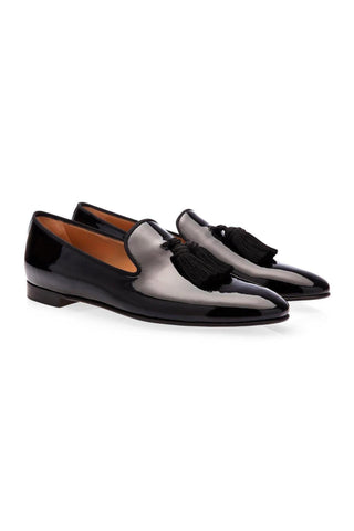 SUPERGLAMOUROUS Louis Black Silk Patent Tassel Slipper Formal Loafers (SPGM1134)-AmbrogioShoes