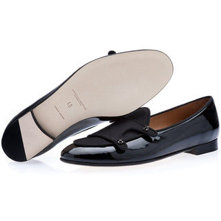 SUPERGLAMOUROUS Tangerine 7 Black Shiny Patent Leather Double Monk Belgian Loafers (SPGM1257)