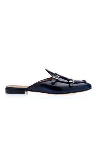 SUPERGLAMOUROUS Tangerine 7 Navy Polished Leather Monk-Straps Belgian Slipper Mules (SPGM1241)-AmbrogioShoes