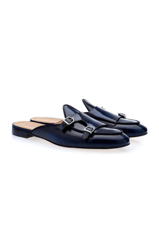 SUPERGLAMOUROUS Tangerine 7 Navy Polished Leather Monk-Straps Belgian Slipper Mules (SPGM1241)-AmbrogioShoes