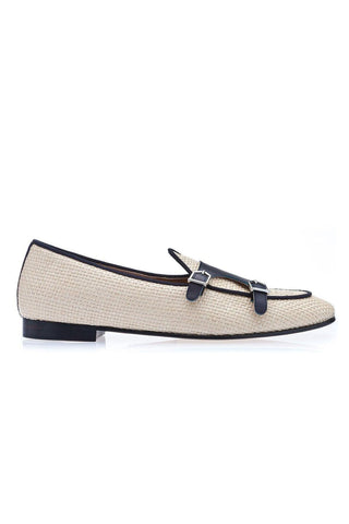 SUPERGLAMOUROUS Tangerine 7 White & Navy Woven Rafia / Leather Monk-Straps Loafers (SPGM1130)-AmbrogioShoes
