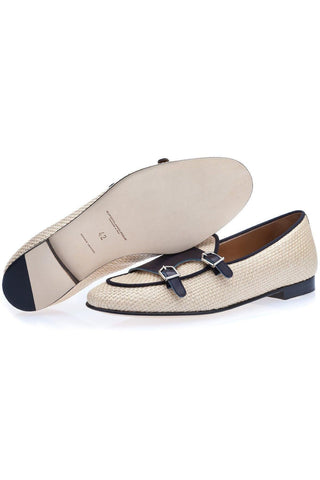 SUPERGLAMOUROUS Tangerine 7 White & Navy Woven Rafia / Leather Monk-Straps Loafers (SPGM1130)-AmbrogioShoes