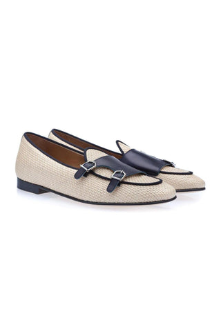 SUPERGLAMOUROUS Tangerine 7 White & Navy Woven Rafia / Leather Monk-Straps Loafers (SPGM1130)-AmbrogioShoes