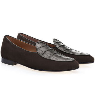 SUPERGLAMOUROUS Tangerine Crocosuede Men's Shoes Exotic Crocodile / Suede Leather Belgian Loafers (SPGM1337)-AmbrogioShoes