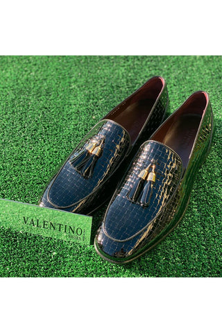 Valentino 19673 Black Woven Patent Tassels Formal Loafers (VAL1005)-AmbrogioShoes