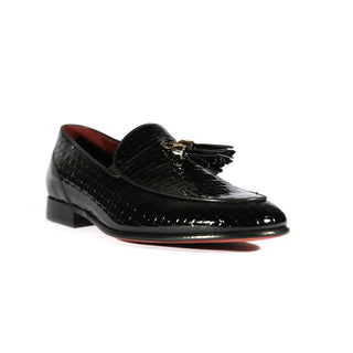 Valentino 19673 Men's Shoes Black Woven Patent Leather Tassels Loafers (VAL1005)-AmbrogioShoes