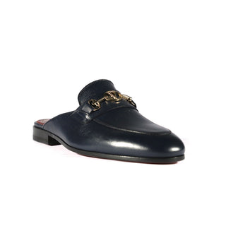 Valentino 19700/M Men's Shoes Navy Blue Calf-Skin Leather Slipper Mules (VAL1002)-AmbrogioShoes