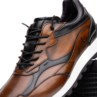Zelli Italia Bravo Men's Shoes Cognac & Black Burnished Calf-Skin Leather Sneaker (ZEL1063)
