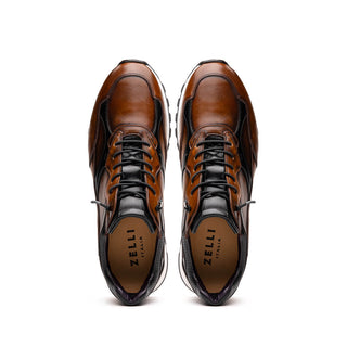 Zelli Italia Bravo Men's Shoes Cognac & Black Burnished Calf-Skin Leather Sneaker (ZEL1063)