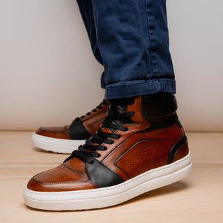 Zelli Italia Bravo Men's Shoes Cognac & Brown Burnished Calf-Skin Leather High-Top Sneaker (ZEL1061)