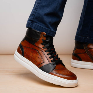 Zelli Italia Bravo Men's Shoes Cognac & Brown Burnished Calf-Skin Leather High-Top Sneaker (ZEL1061)