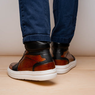 Zelli Italia Bravo Men's Shoes Cognac & Brown Burnished Calf-Skin Leather High-Top Sneaker (ZEL1061)