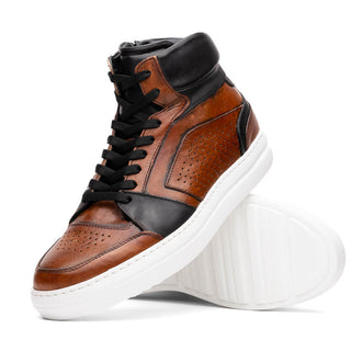 Zelli Italia Bravo Men's Shoes Cognac & Brown Burnished Calf-Skin Leather High-Top Sneaker (ZEL1061)