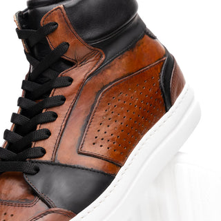 Zelli Italia Bravo Men's Shoes Cognac & Brown Burnished Calf-Skin Leather High-Top Sneaker (ZEL1061)