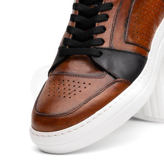 Zelli Italia Bravo Men's Shoes Cognac & Brown Burnished Calf-Skin Leather High-Top Sneaker (ZEL1061)