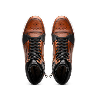 Zelli Italia Bravo Men's Shoes Cognac & Brown Burnished Calf-Skin Leather High-Top Sneaker (ZEL1061)