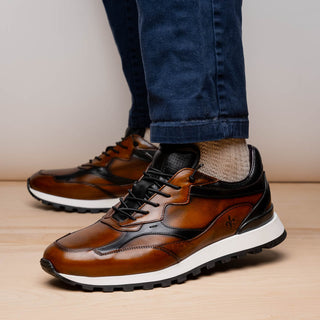 Zelli Italia Bravo Men's Shoes Cognac & Black Burnished Calf-Skin Leather Sneaker (ZEL1063)