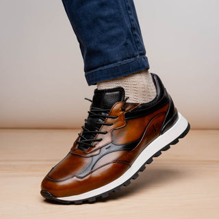 Zelli Italia Bravo Men's Shoes Cognac & Black Burnished Calf-Skin Leather Sneaker (ZEL1063)