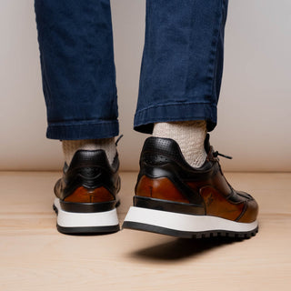 Zelli Italia Bravo Men's Shoes Cognac & Black Burnished Calf-Skin Leather Sneaker (ZEL1063)