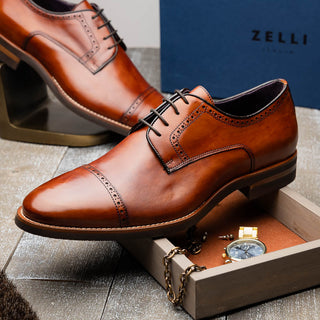 Zelli Italia Giovanni Men's Shoes Cognac Calf-Skin Leather Cap-toe Oxford (ZEL1038)