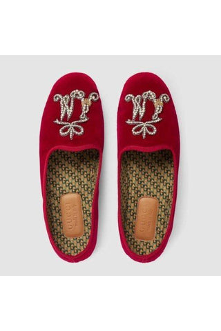 Gucci 574881 FAS60 6472 Red Velvet 'AM' Appliqué Slip-On Loafers (GGM1726)-AmbrogioShoes
