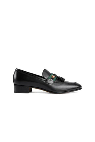 Gucci 624720 1066 Black Calf-Skin Leather with Web and Interlocking G Tassels Loafers (GGM1721)-AmbrogioShoes