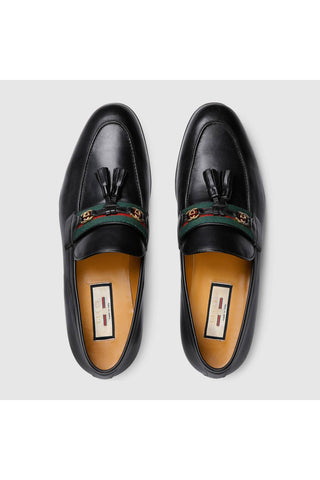 Gucci 624720 1066 Black Calf-Skin Leather with Web and Interlocking G Tassels Loafers (GGM1721)-AmbrogioShoes