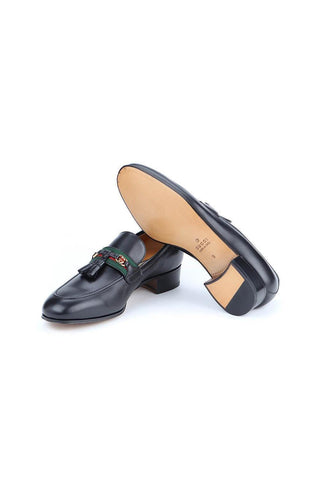Gucci 624720 1066 Black Calf-Skin Leather with Web and Interlocking G Tassels Loafers (GGM1721)-AmbrogioShoes