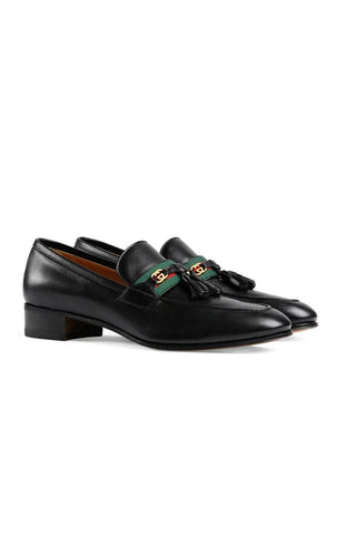 Gucci 624720 1066 Black Calf-Skin Leather with Web and Interlocking G Tassels Loafers (GGM1721)-AmbrogioShoes