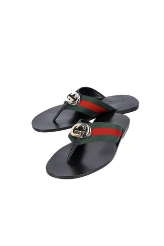 Gucci 630307 H9020 8476 Black, Red & Green Calf-Skin leather / Fabric Sandals (GGM1722)-AmbrogioShoes