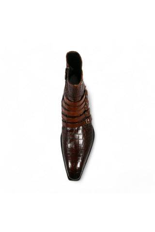 Jo Ghost 5225 Two-Tone Brown Crocodile Print / Calf-Skin Leather Multi-Buckle Ankle Boots (JG5358)-AmbrogioShoes