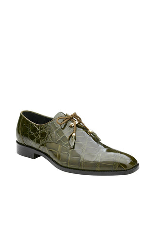 Olive green genuine alligator leather derby shoe with a square toe and matching laces on a black leather sole.