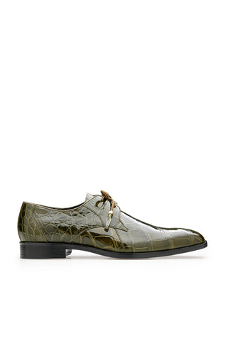 Olive green genuine alligator leather derby shoe with a square toe and matching alligator-wrapped laces.