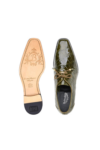 Olive green genuine alligator leather square-toe derby shoe with a tan leather sole and branded heel.
