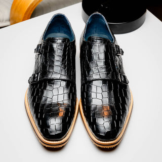 Zelli Italia Legerra Men's Shoes Black Crocodile Print Calf-Skin Leather Monk-Strap (ZEL1074)