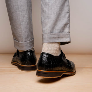 Zelli Italia Legerra Men's Shoes Black Crocodile Print Calf-Skin Leather Monk-Strap (ZEL1074)