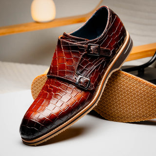 Zelli Italia Legerra Men's Shoes Cognac Crocodile Print Calf-Skin Leather Monk-Strap (ZEL1074)