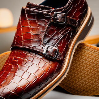Zelli Italia Legerra Men's Shoes Cognac Crocodile Print Calf-Skin Leather Monk-Strap (ZEL1074)