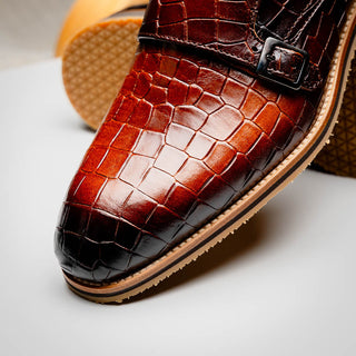 Zelli Italia Legerra Men's Shoes Cognac Crocodile Print Calf-Skin Leather Monk-Strap (ZEL1074)