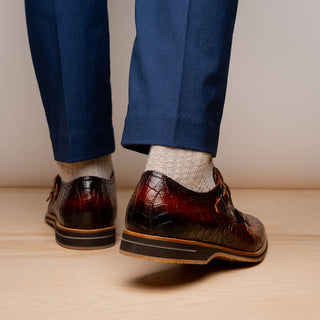 Zelli Italia Legerra Men's Shoes Cognac Crocodile Print Calf-Skin Leather Monk-Strap (ZEL1074)