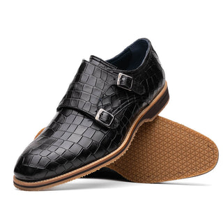 Zelli Italia Legerra Men's Shoes Black Crocodile Print Calf-Skin Leather Monk-Strap (ZEL1074)